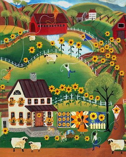 Folk art painting of rolling green hills with red barns, cottage, sheep, sunflowers, and farm animals in vibrant colors