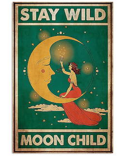 Art deco poster of woman in red dress on crescent moon with stars and text 'Stay Wild Moon Child'