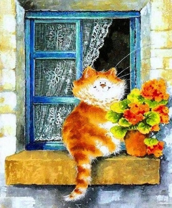 Cat in Flower Window