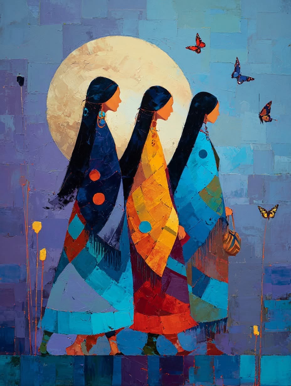 Colorful painting of three women walking under a full moon with butterflies