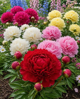 Colorful peony flowers blooming in a garden bed with green leaves