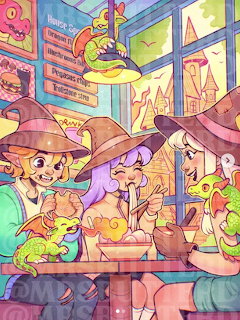 Anime style ice cream shop with happy customers at counter under colorful decorations