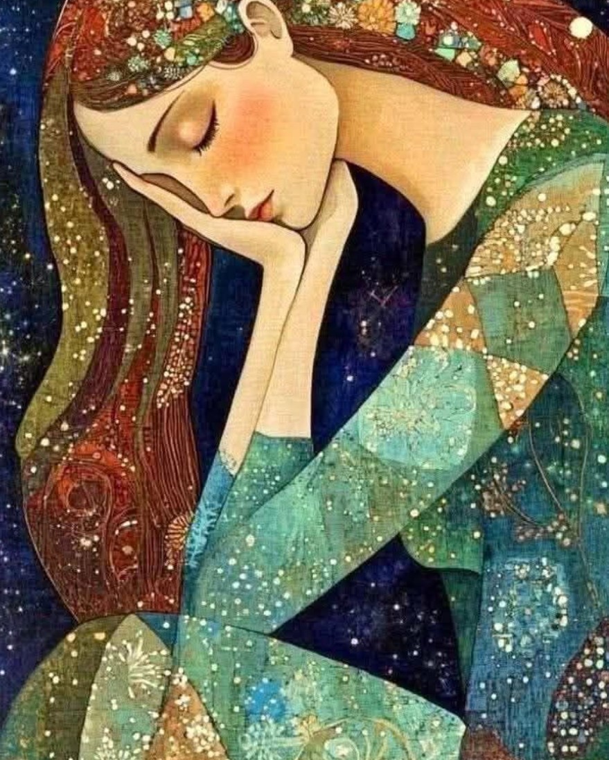 Illustration of a sleeping woman with red hair and a patterned blue dress on a dark starry background