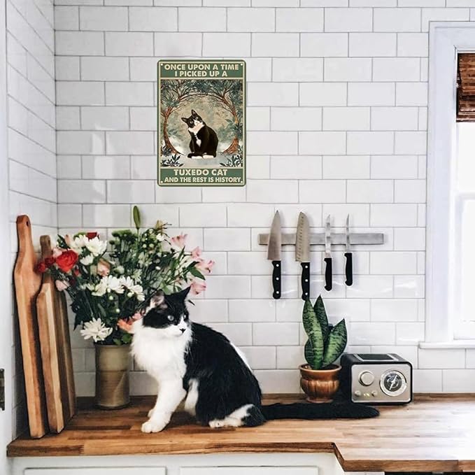 Black and white cat on kitchen counter next to flower bouquet with white tile wall background