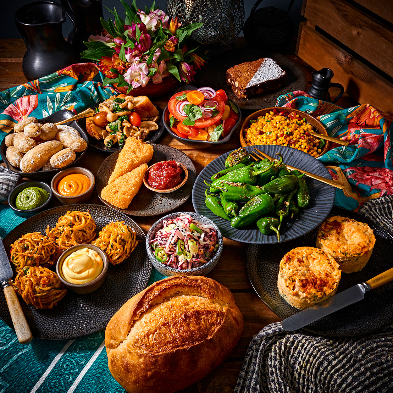 Overhead view of colorful vegetarian tapas spread with bread, salads, vegetables, and dips on teal table