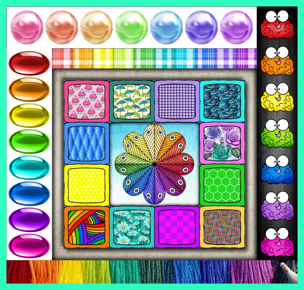Grid of colorful patchwork squares with mandala patterns and rainbow color palette swatches arranged in a quilt design