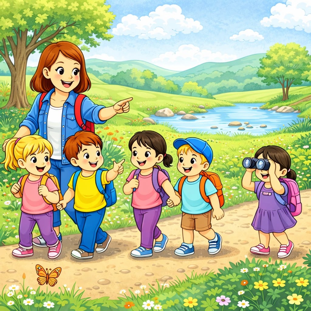 Cartoon children walking on a path by a river with flowers, trees, and hills