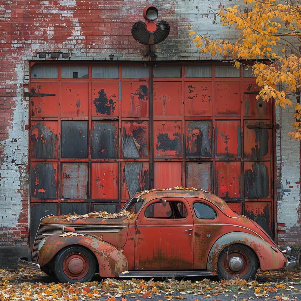 Rusty abandoned 1937 Ford coupe in front of a weathered red garage door