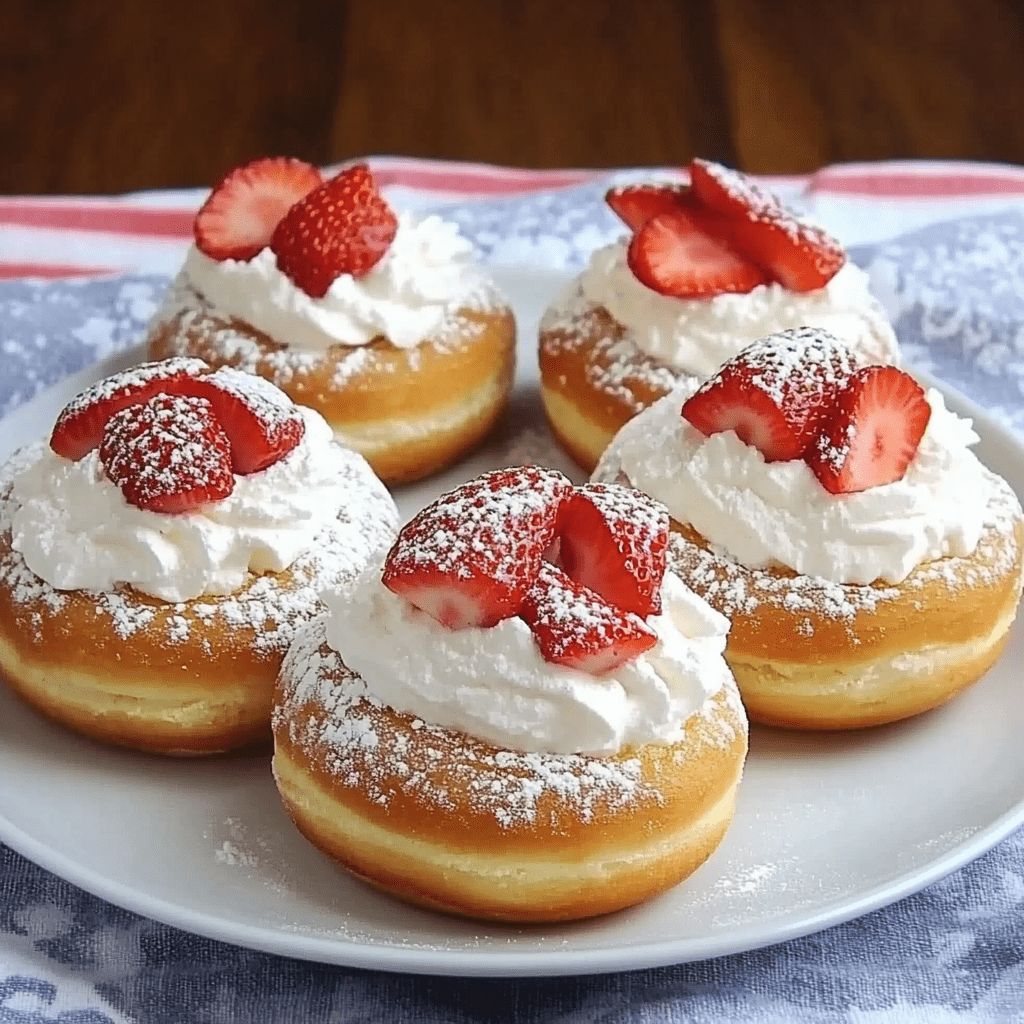 Six donuts with whipped cream and strawberry slices dusted with powdered sugar on a plate