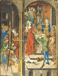 Medieval engraving of the beheading of St John the Baptist with Salome and banquet scene