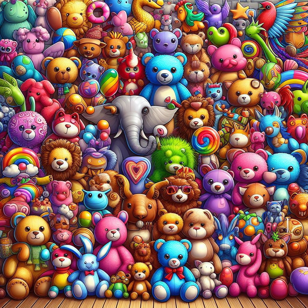 Large collection of colorful stuffed toys and figurines crowded together