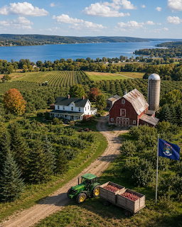 Aerial view of Michigan farm with red barn, white house, fields, vineyard, and lake backdrop
