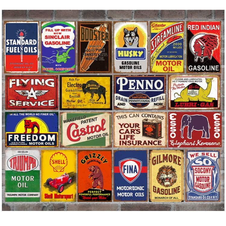 Grid of vintage motor oil and gasoline brand signs including Standard, Shell, Penno, and others in various colors