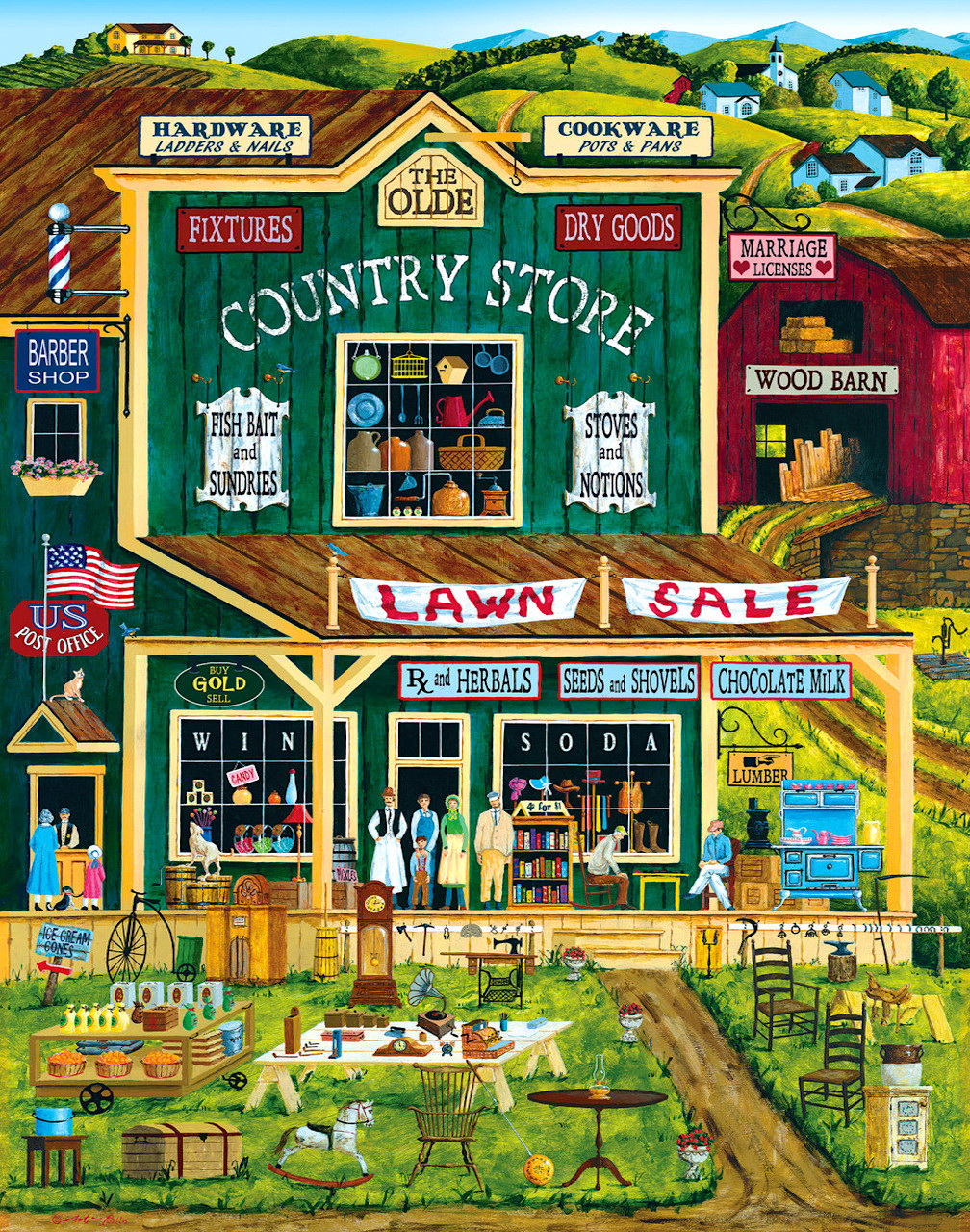 Folk art painting of an old-fashioned country store with green lawn sign, wooden porch, and garden vegetables