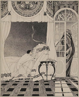 Black and white illustration of a woman on a bed with a dark cloaked figure at an arched window