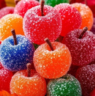 Colorful sugar-coated candy apples with stems covered in sparkling granulated sugar