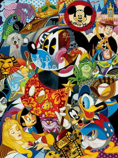 Vibrant collage featuring Mickey Mouse and various Disney Pixar characters in a playful arrangement