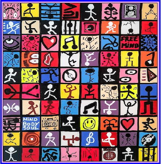Grid of colorful pop art squares with various symbols, silhouettes, and icons in red, blue, yellow, and black