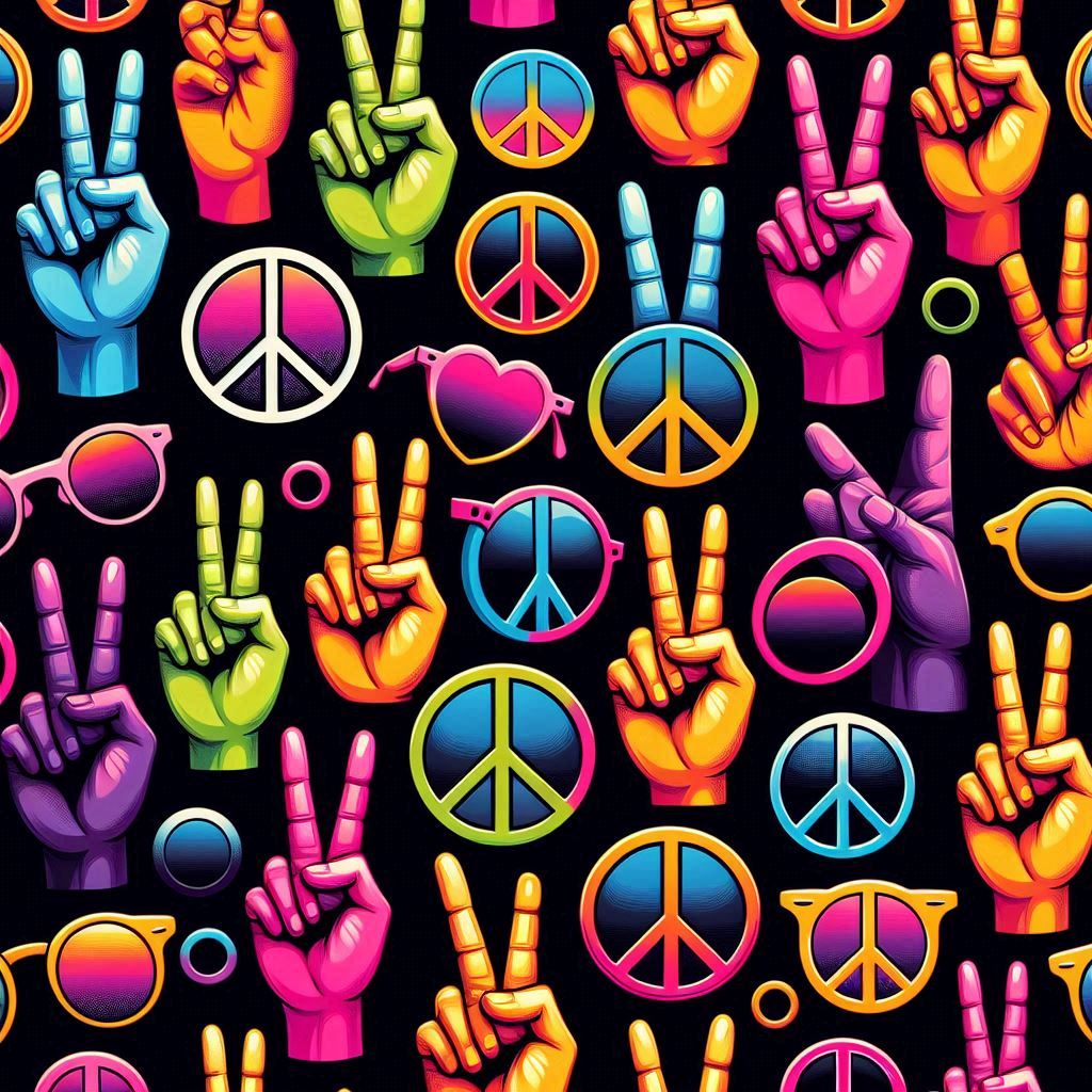 Colorful peace sign pattern with hand gestures, hearts, and sunglasses on a black background