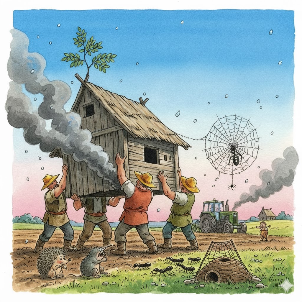 Illustration of four men carrying a wooden house through a rural field with a tractor in the distance