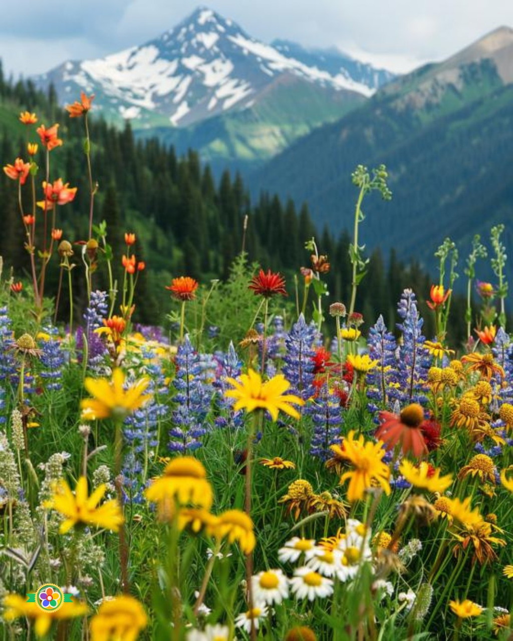 Colorful wildflower meadow with snow-capped mountain and evergreen forest in background