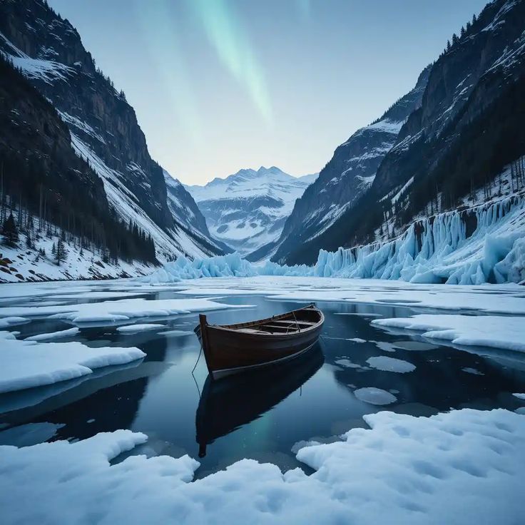 Wooden boat on a frozen mountain lake with snowy peaks and northern lights