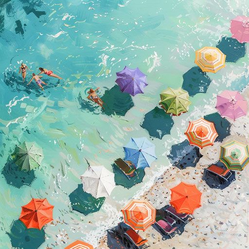 Aerial view of a beach with colorful umbrellas, chairs, and people swimming in clear turquoise water