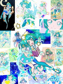 Collage of Cure Milky anime character illustrations from Star Twinkle PreCure with teal hair and star accessories