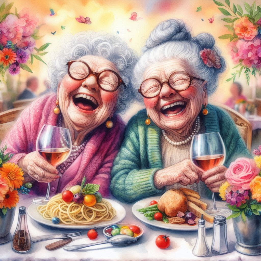 Two happy elderly women in glasses laughing over a meal with flowers and wine