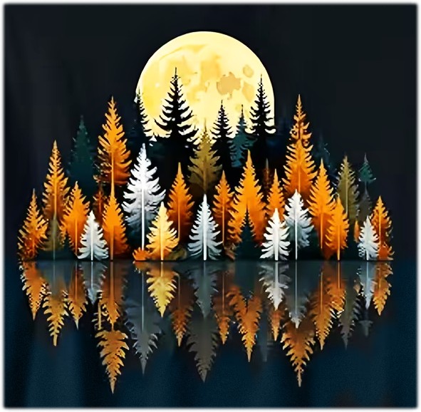 Illustrated pine forest under a full moon with colorful tree reflections in calm water