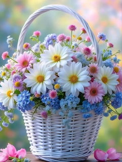 White wicker basket filled with colorful daisies and spring flowers against blurred floral background