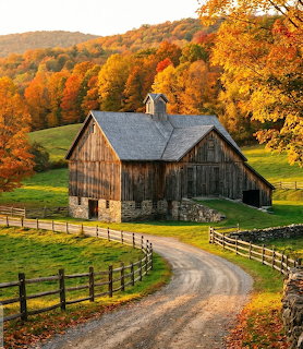 Rustic wooden barn beside a winding dirt road with colorful autumn trees on rolling hills