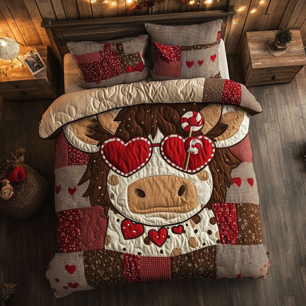 Quilted bedspread with Highland cow face and Valentine hearts in patchwork pattern on bed in rustic bedroom