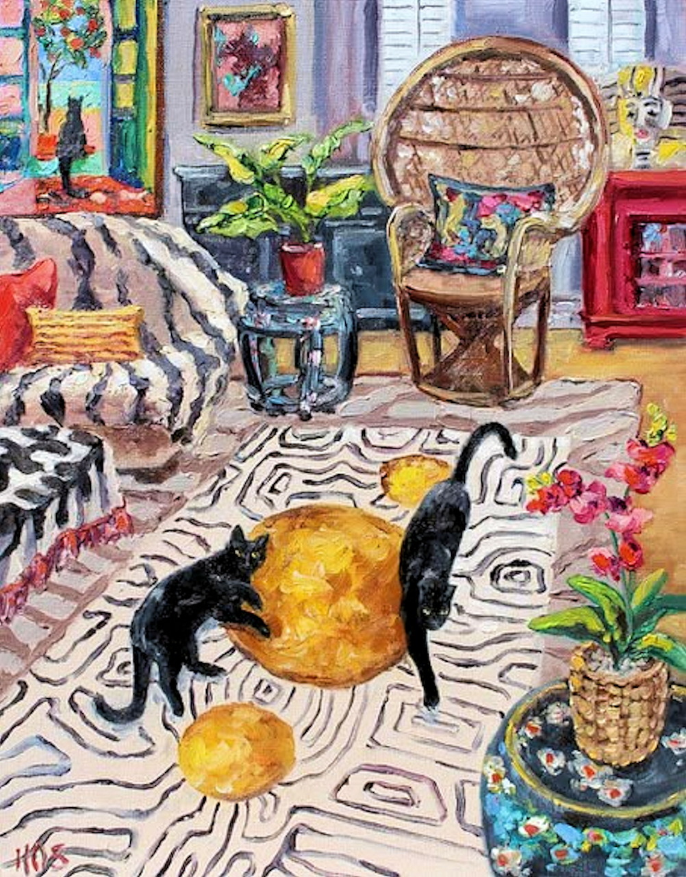 Painting of two black cats with golden balls in a colorful patterned living room