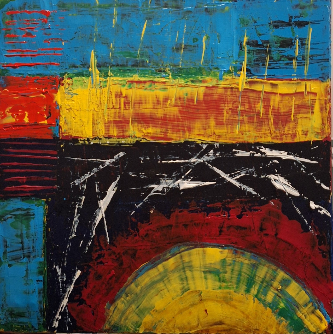 Abstract painting with colorful blocks, white lines, and a curved yellow shape