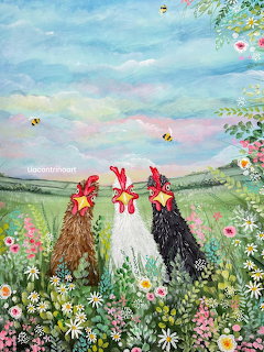 Painting of three chickens in a flower-filled meadow with bees and green hills in the background