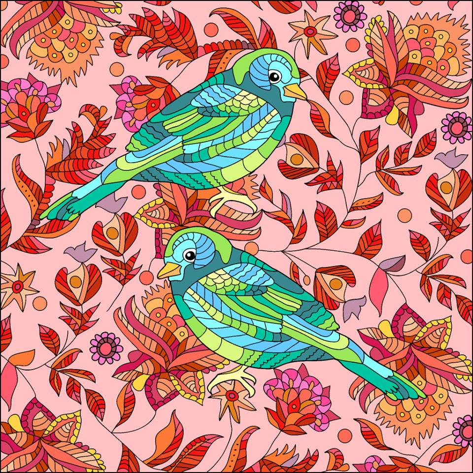 Two turquoise and yellow decorative birds among red vines, golden flowers, and purple blossoms on pink background