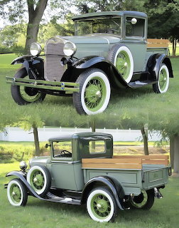 Two vintage Ford Model A cars on grass, a sedan above and a pickup truck below, both in green and black