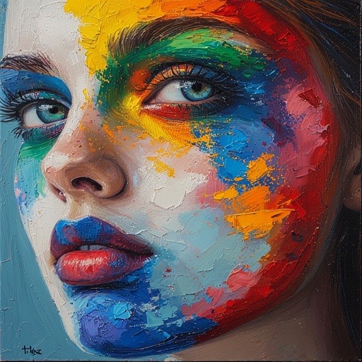 Oil painting of a woman's face with colorful paint splashes in blue, red, yellow, and green