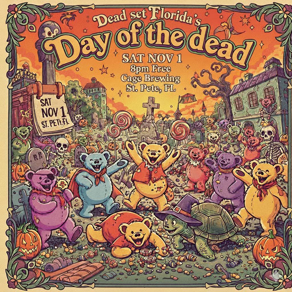 Colorful illustration of Grateful Dead dancing bears celebrating Day of the Dead in a graveyard with pumpkins