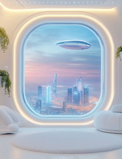 Futuristic sci-fi living room with neon-lit window and glowing purple lighting
