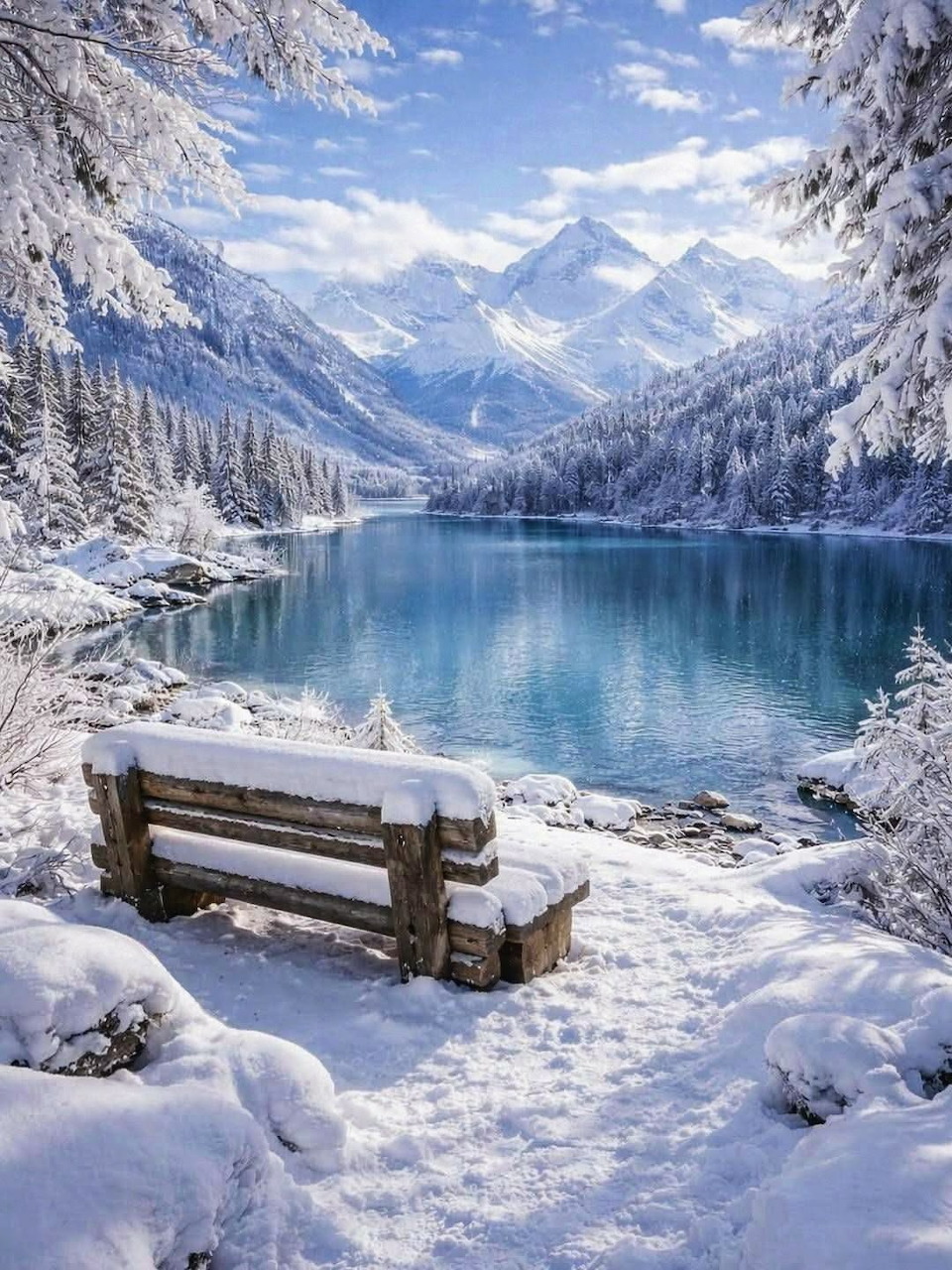 Snow-covered bench by turquoise mountain lake with snowy evergreens and peaks
