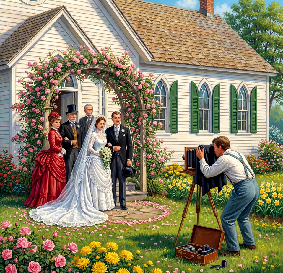 Vintage wedding photo being taken outside white cottage with rose arch and garden flowers