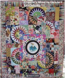 Colorful abstract collage with circular wheel designs and patterned panels