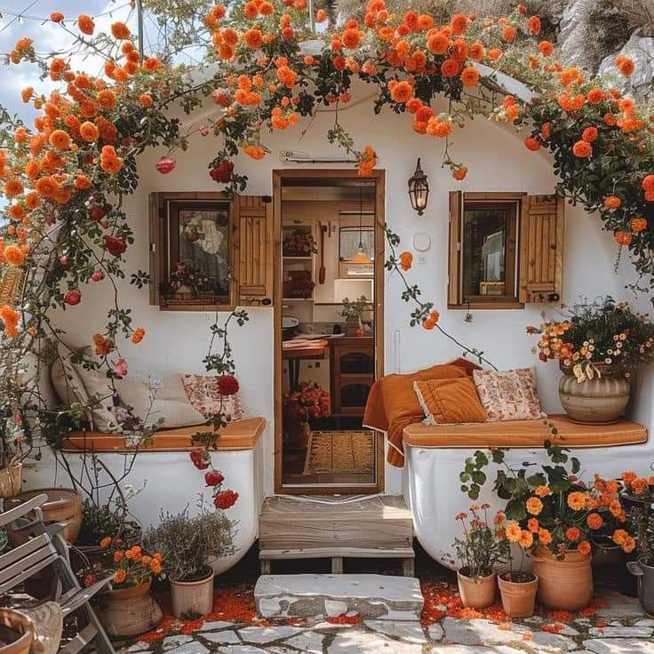 White cottage with orange flowering vines cascading over entrance, wooden door, shutters, and terracotta planters