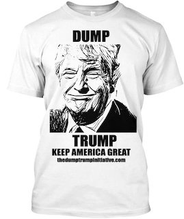 White T-shirt with an illustrated Donald Trump face and protest text printed on the front