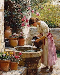Painting of a woman in white blouse and pink striped apron filling a jug at a stone garden fountain