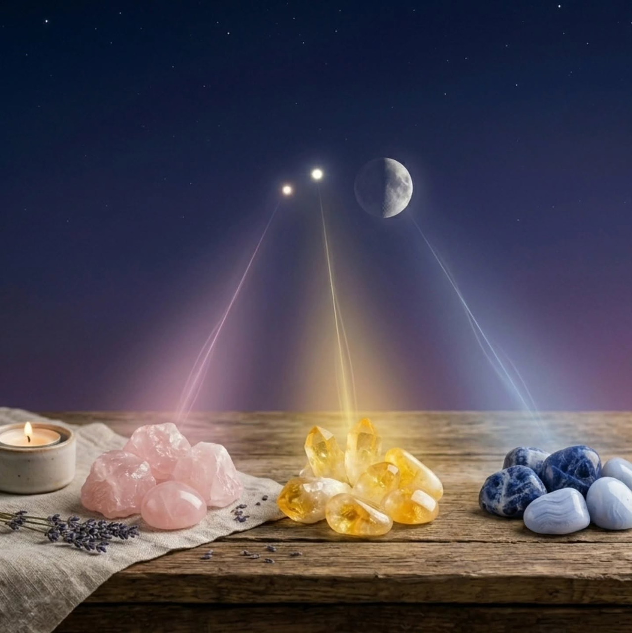 Pink, yellow, and blue crystals on a wooden table under a moonlit sky with glowing light beams