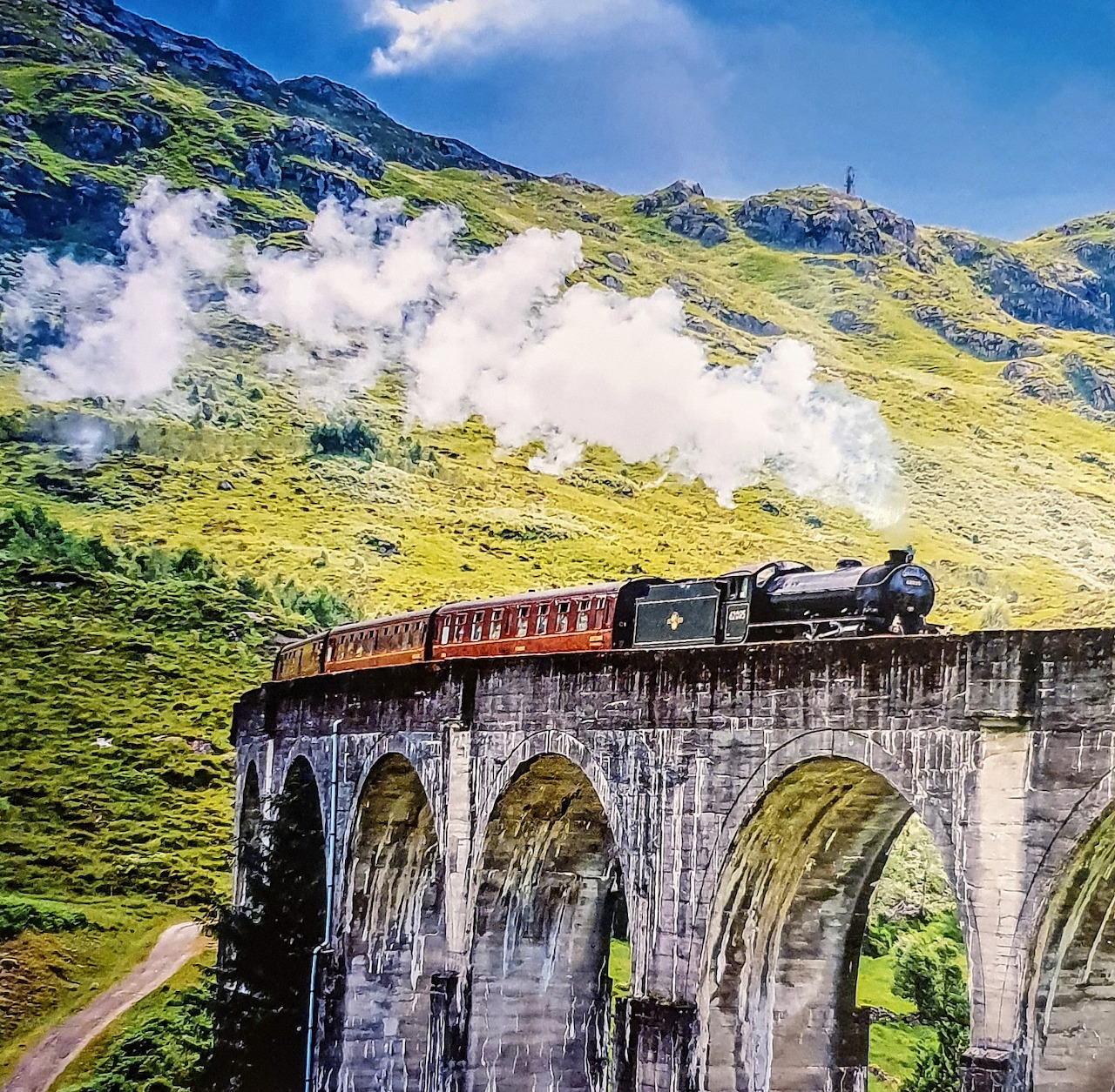 Steam train crossing stone viaduct in Scottish Highlands with green mountains