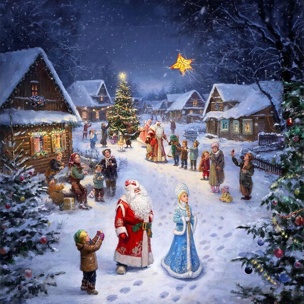 Snowy Christmas village scene with Santa, decorated tree, and people gathered under starlit sky